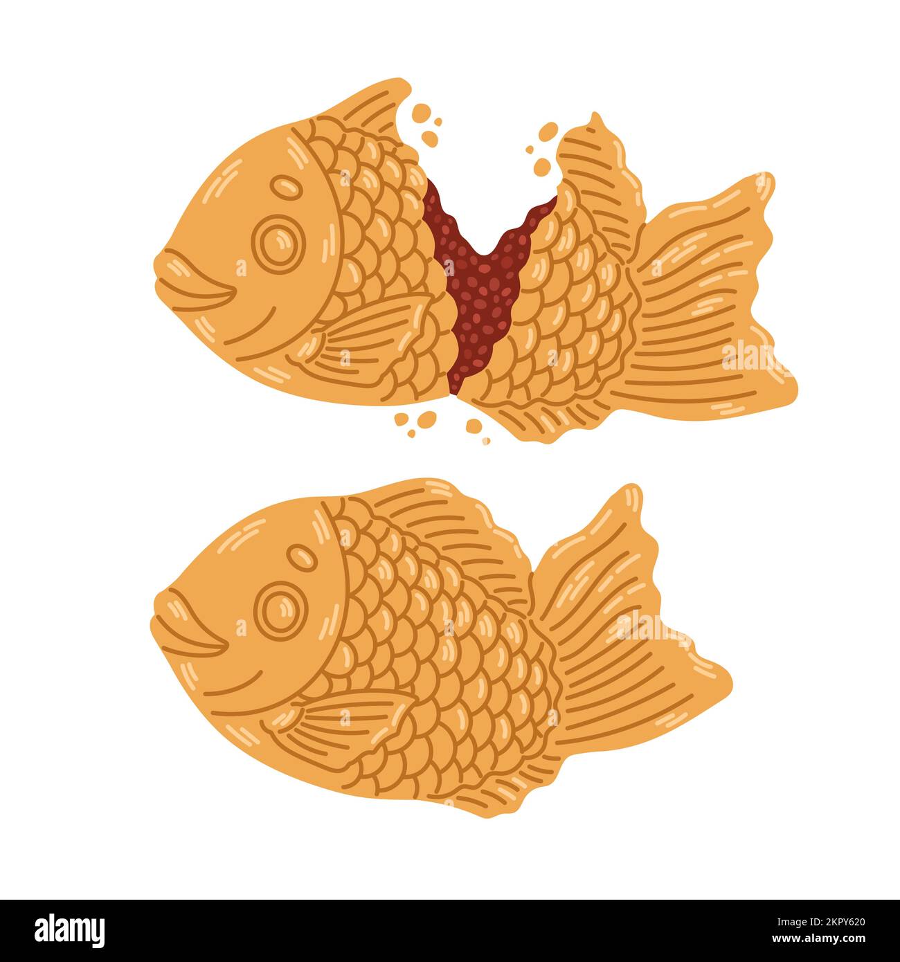 Japanische Taiyaki-Bäckerei. Fischförmiger Kuchen mit roter Bohnenfüllung. Japanisches Street Food. Cartoon-Vektordarstellung. Stock Vektor