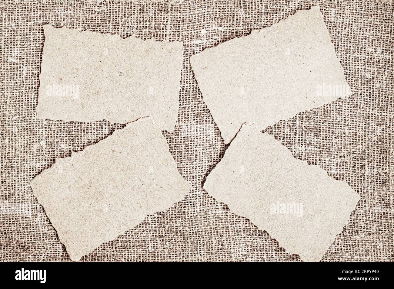 Ein Satz Handwerkerpapier mit abgerissenen Kanten auf natürlichem Hintergrund aus Sackgummi, Kopierraum Stockfoto