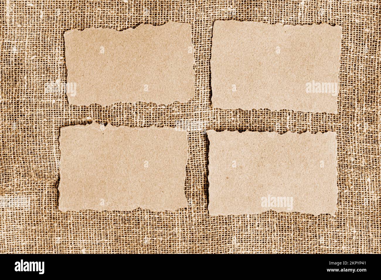 Altpapier auf Jutehintergrund. Braunes, zerrissenes Papier, zerrissene Papierreste auf Sacktuchhintergrund Stockfoto