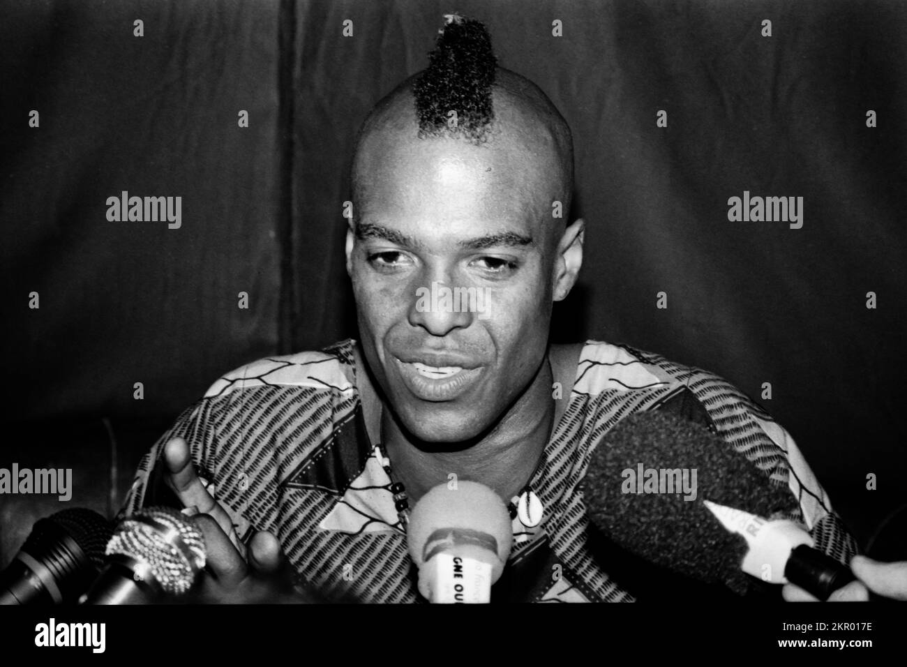 Angelo Moore, Sänger von Fishbone, während der Pressekonferenz beim Tamaris Rock Festival, 1992, Frankreich Stockfoto