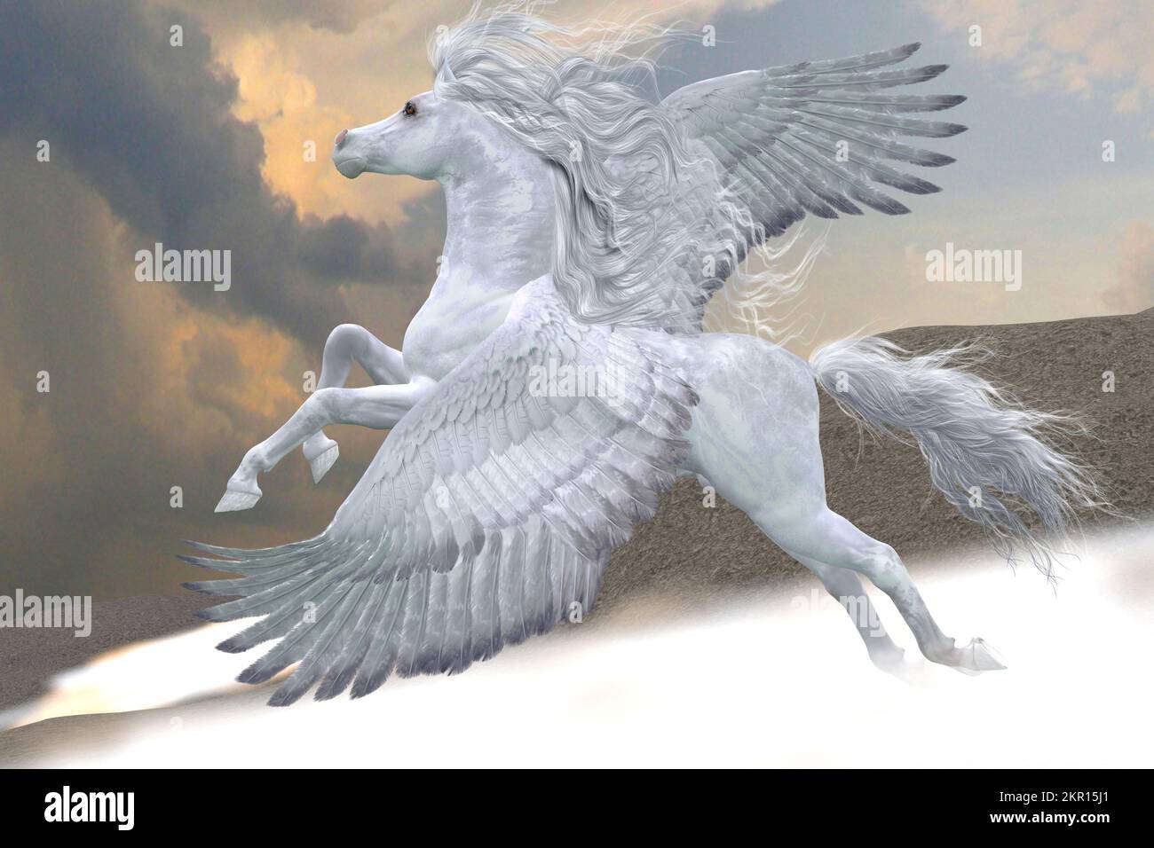 Der wunderschöne weiße Pegasus fliegt durch die Berge und beschlägt den Nebel nach oben in Richtung Himmel. Stockfoto