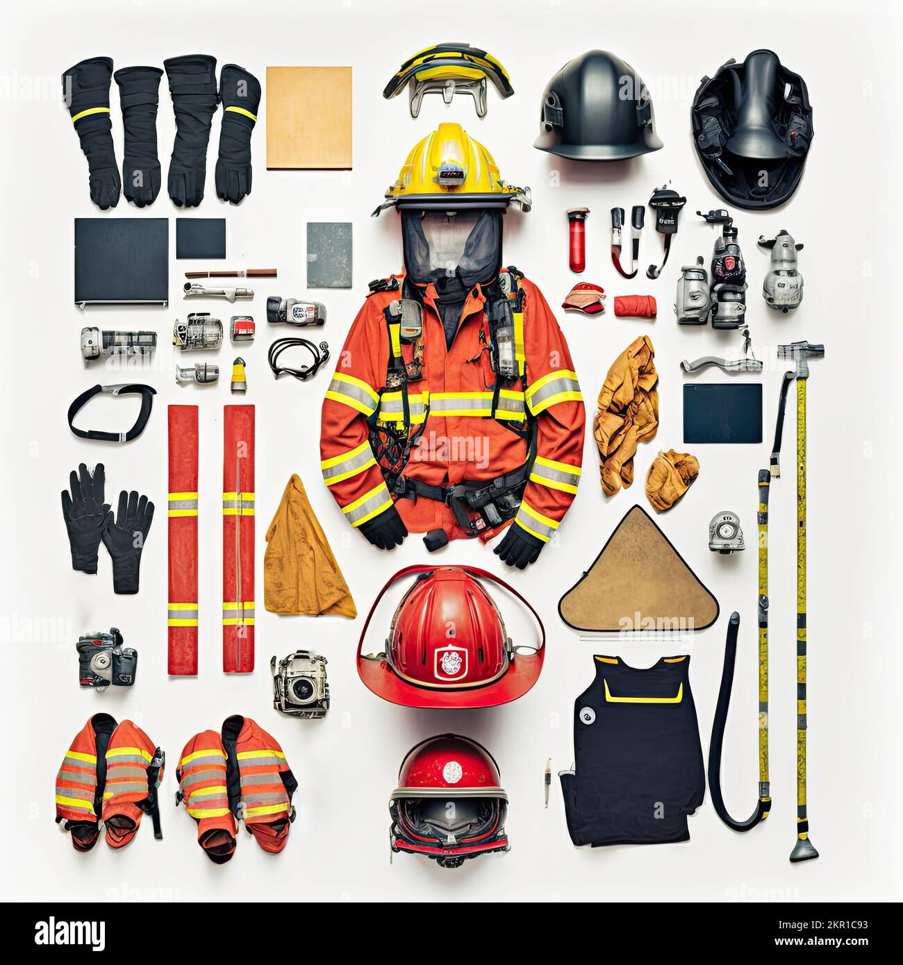 Knolling-Flatlay-Bild von Feuerwehrausrüstung mit Uniform und Helm. Löschausrüstung wie Feuerlöscher, Feuerdecke und Handschuhe auf weißem Rücken Stockfoto