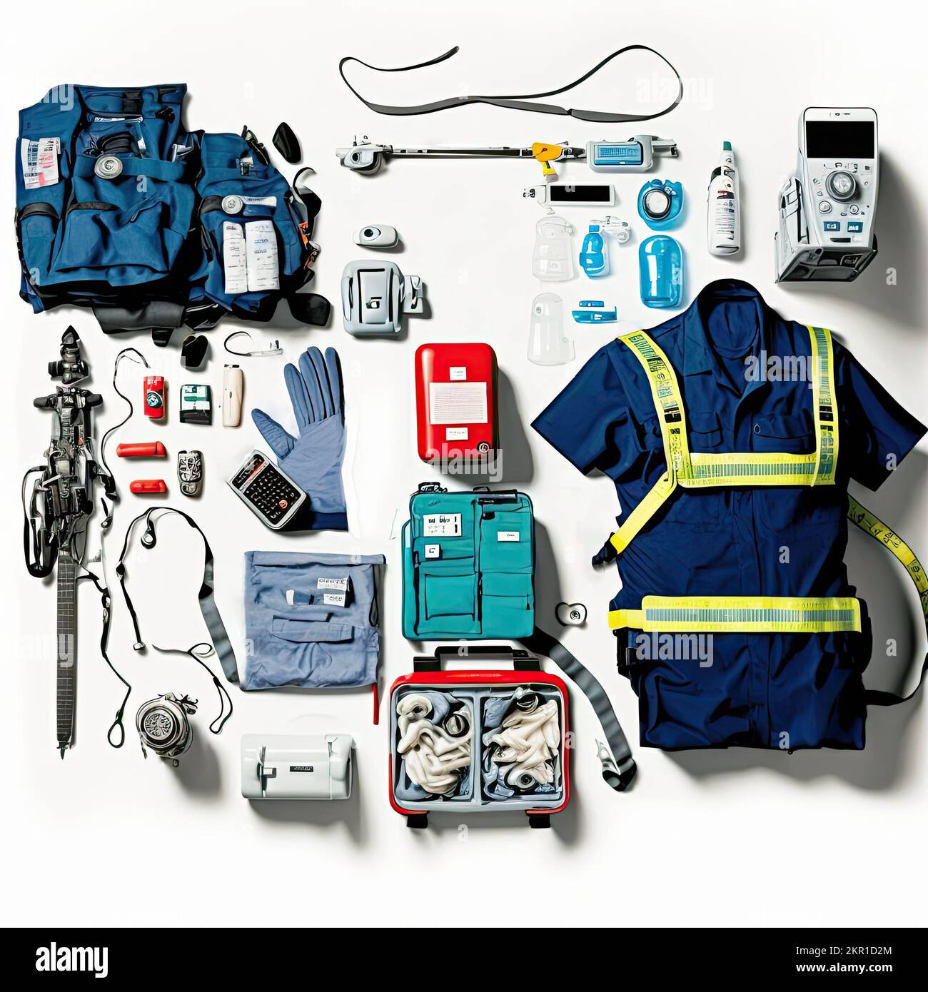 Das Knolling-Flatlay-Bild von Sanitäterausrüstung mit Uniform- und Operationshandschuhen. Medizinische Geräte wie Sauerstofftank, medizinische Ausrüstung, Defibrillator und RE Stockfoto