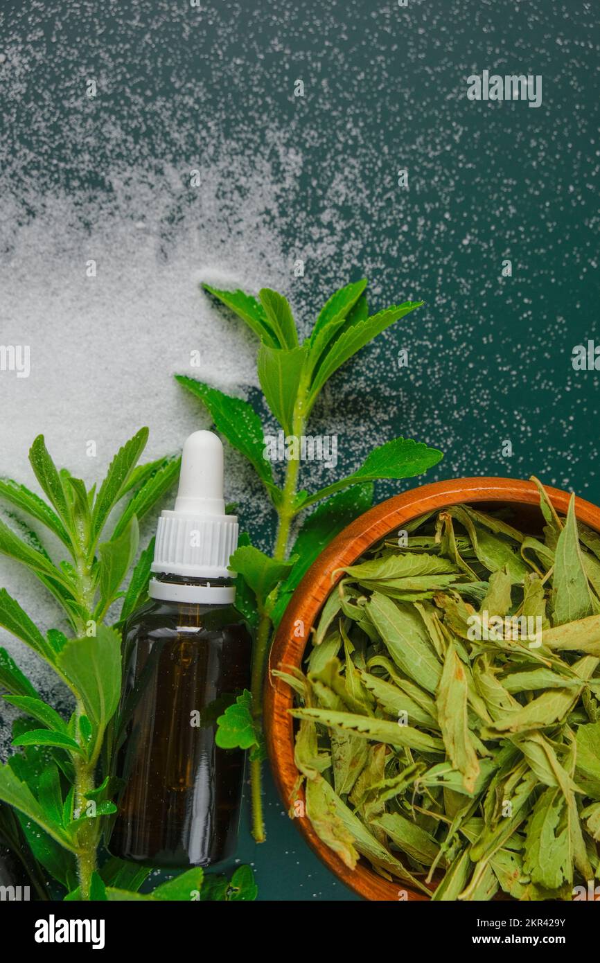 Stevia rebaudiana. Trockener Stevia, Pulver und flüssiger Stevia-Extrakt in einer Glasflasche auf grünem Hintergrund. Natürlicher Zuckerersatz. Diätetische, vegane Speisen Stockfoto