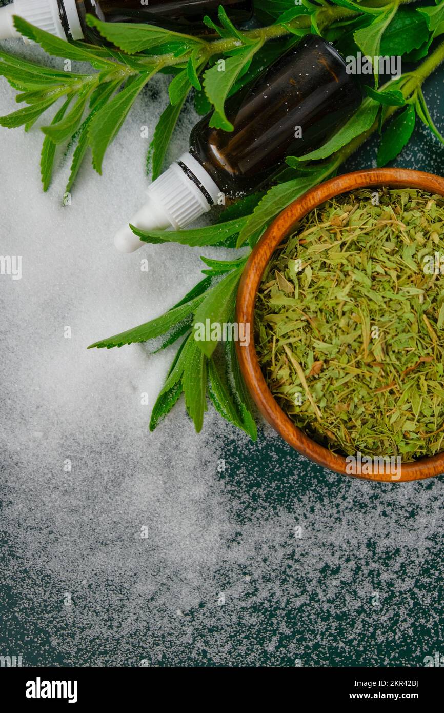 Stevia, Pulver und flüssiger Stevia-Extrakt in einer Glasflasche auf grünem Hintergrund. Natürlicher Zuckerersatz. Diätetische, vegane Nahrungssüße. Süße Pflanze Stockfoto