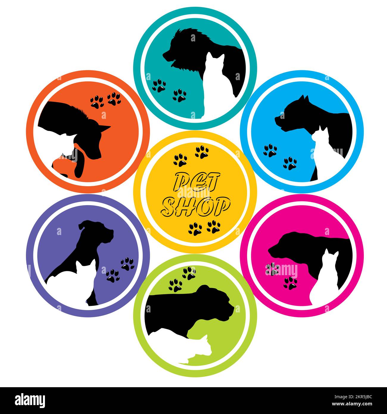 Tierhandlung Poster mit Silhouetten verschiedener Hunde und Katzen in farbigen Kreisen Stock Vektor