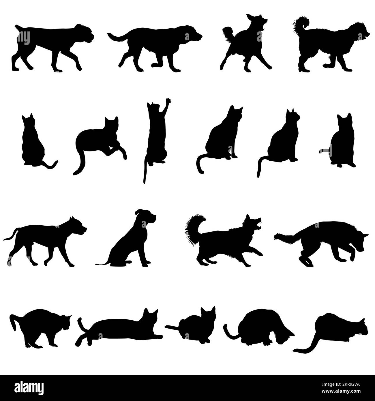 Silhouette von Hunden und Katzen auf weißem Hintergrund isoliert Stock Vektor