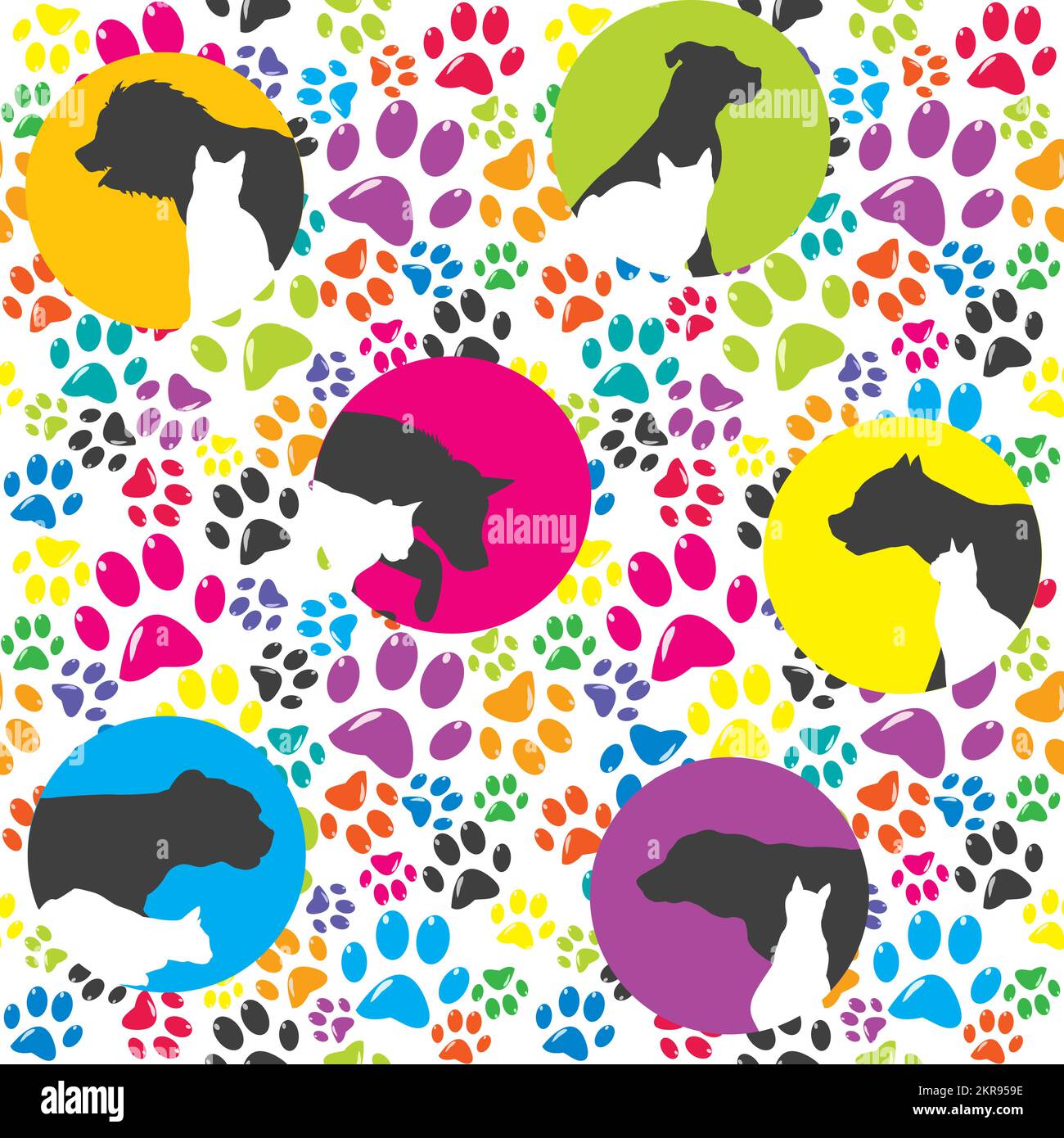 Silhouette von Hund und Katze auf farbigem Pfotenhintergrund Stock Vektor