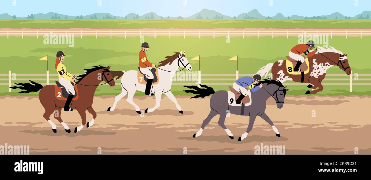 Pferdesportwettbewerbe. Pferderennen, Hippodrom-Sportturnier, professionelle Jockeys mit Helmen auf Rennpferden, Galopp und Sprung, flache Zeichentrickfilme Stock Vektor