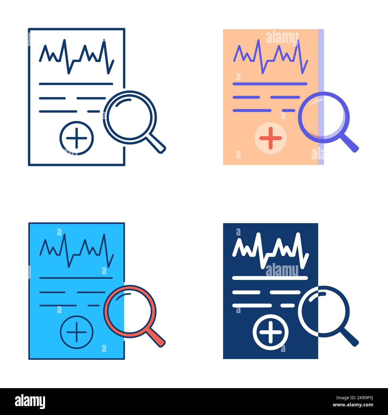 Diagnosesymbole in flacher und linienförmiger Form. Krankenakte, Anamnese und Diagnose