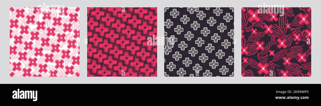 Set mit abstraktem geometrischem, nahtlosem Blumenmuster. Künstlerische Mosaikhintergründe. Verschwommene Kreuz-Zierstruktur. Blätter und Sterne Stock Vektor