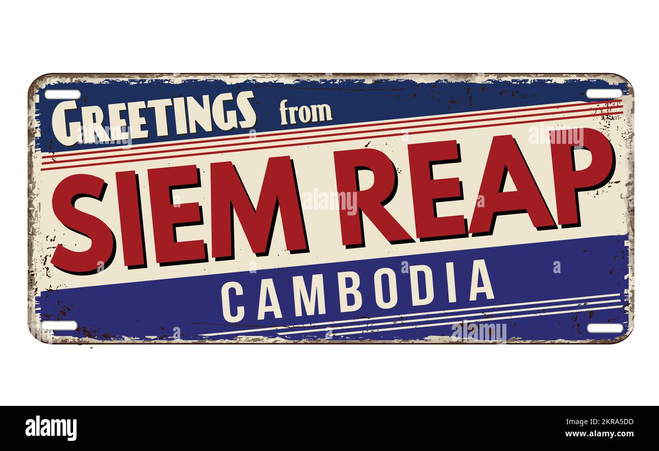 Grüße von Siem Reap aus rostigem Altmetall auf weißem Hintergrund, Vektordarstellung Stock Vektor