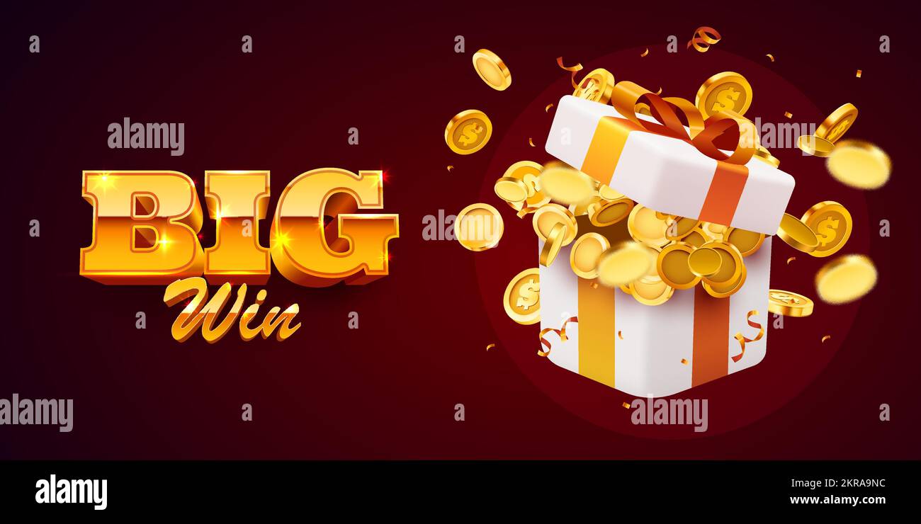 Offene Geschenkbox mit Münzexplosion. Großes Gewinnkonzept. Vektordarstellung Stock Vektor