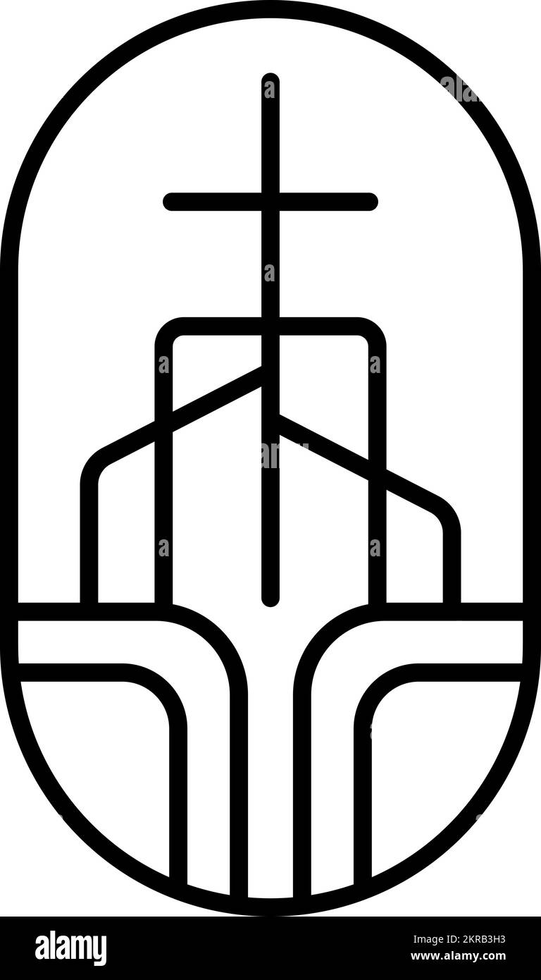 Religionslinie Kreuz am Gebäude Kirche Vektor Logo Symbol Illustration isoliert. Jesus Christus auf Calvary ist das Zentrum des christentums. Gott vergibt Stock Vektor