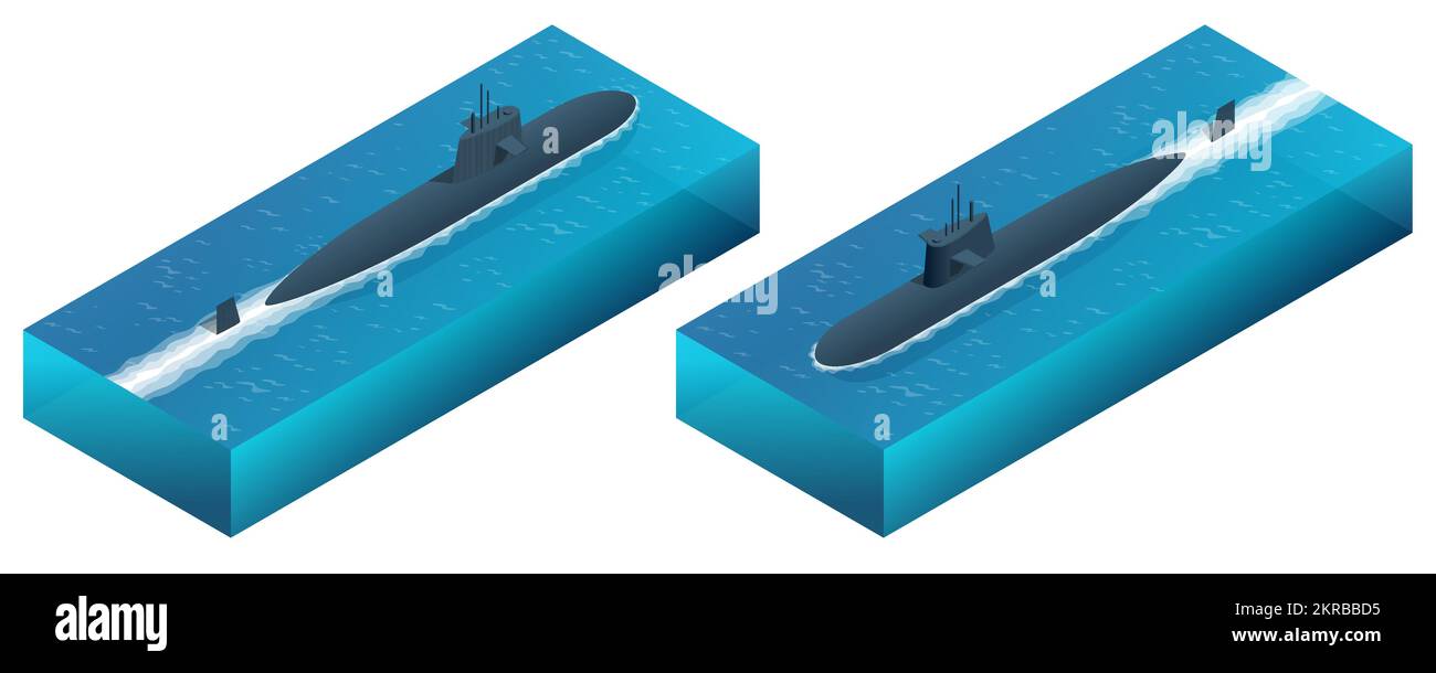 Isometrisches U-Boot oder U-Boot ist ein Wasserfahrzeug, das eigenständig unter Wasser betrieben werden kann. Bewaffnetes, dieselbetriebenes U-Boot der Navy. Atom-U-Boot Stock Vektor