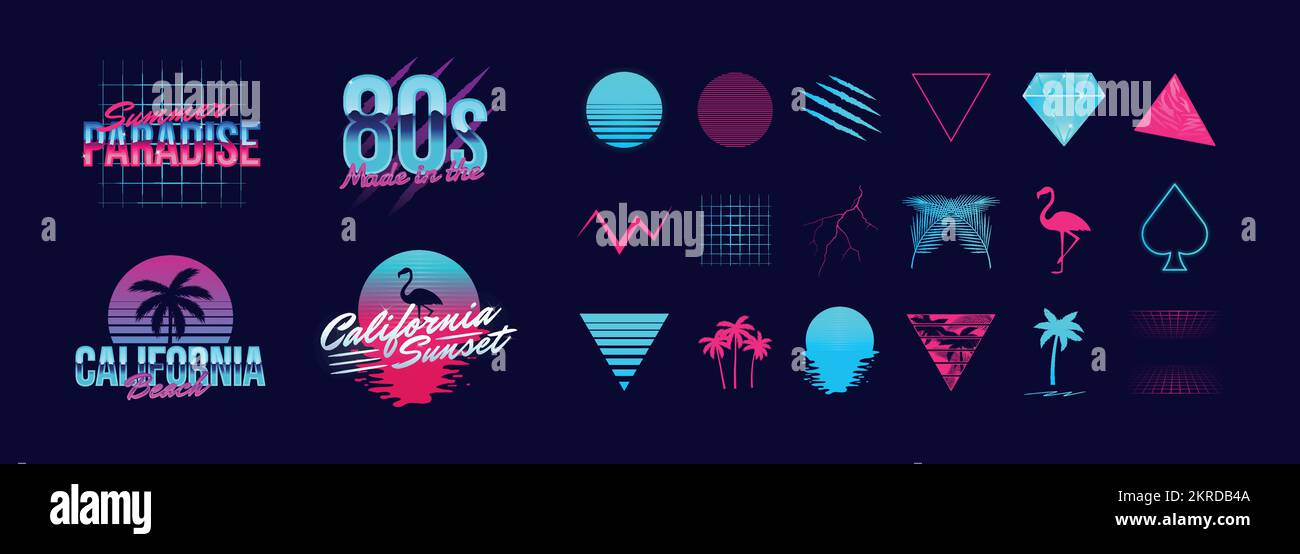 4 Retro-Neon-Logovorlagen und 18 trendige Elemente für Ihr eigenes Design. Designelemente für T-Shirt, Banner, Poster, Cover, Abzeichen, Logo. Stock Vektor
