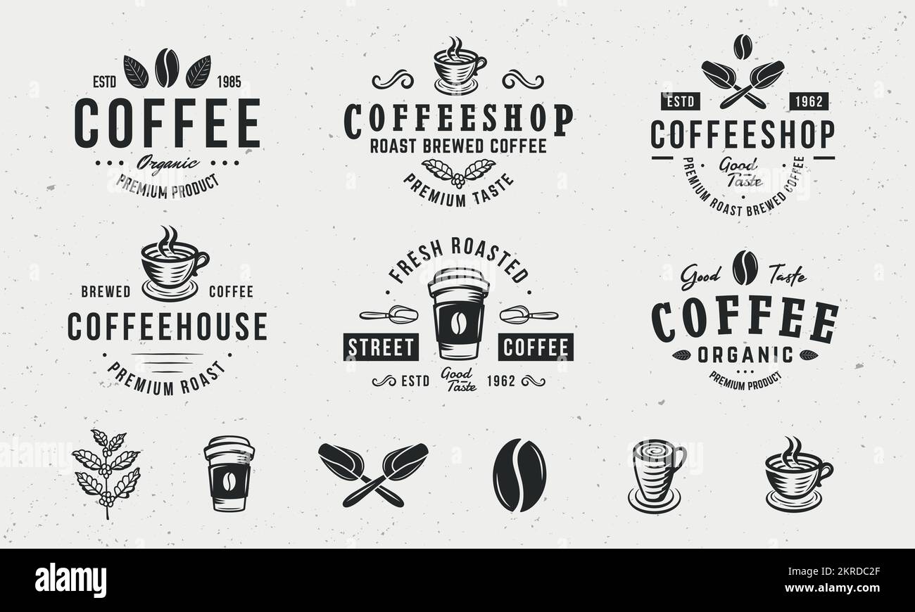 Klassische Hipster-Logovorlagen und 6 Designelemente für Kaffeegeschäfte. Cafés, Restaurants, Cafés stehen für Vorlagen. Schaufeln, Bohnen, Kaffeezweig Stock Vektor