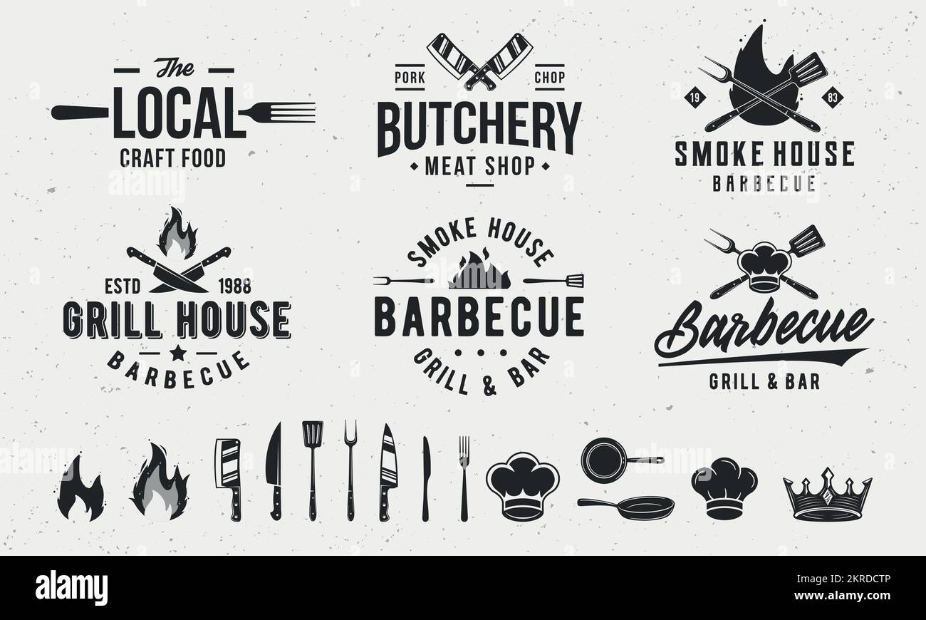 Logovorlagen für klassische Speisen und 14 Designelemente für das Restaurantgeschäft. Vorlagen für Metzgerei-, Barbecue-, Kochkurs-Embleme Stock Vektor