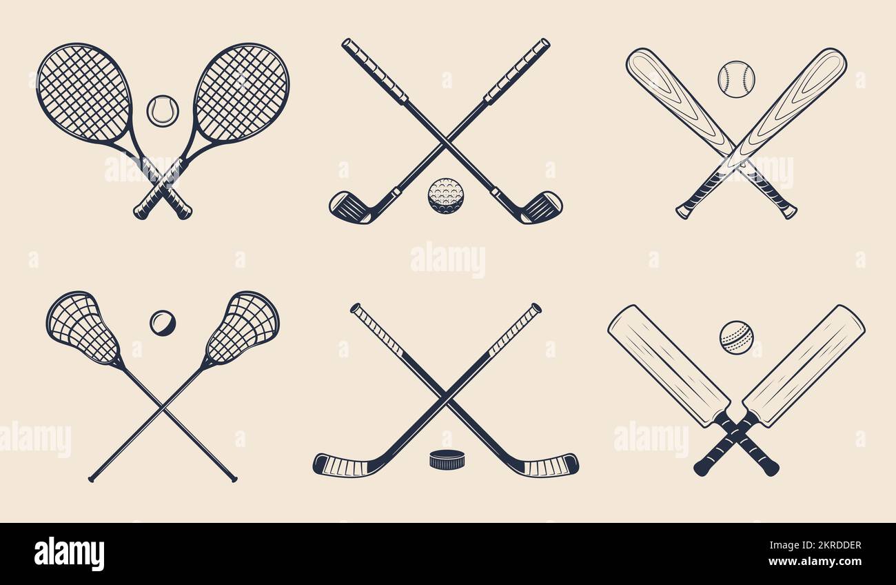Sportausrüstung Set. Tennisschläger, Golfschläger, Baseballschläger, Lacrosse-Schläger, Hockey-Hinweise, Cricketschläger. Sportsymbole für Logo, Label, Poster. Stock Vektor