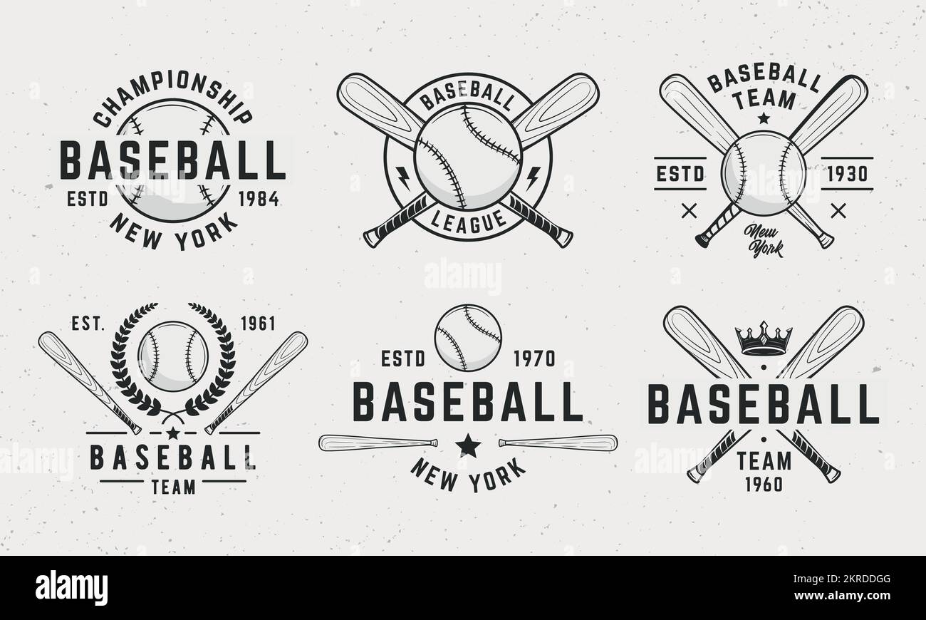 Baseball-Embleme, Logos, Abzeichen-Vorlagen. Set mit 6 Baseball-Logos. Baseballembleme mit Fledermäusen und Ball isoliert auf weißem Hintergrund. Stock Vektor