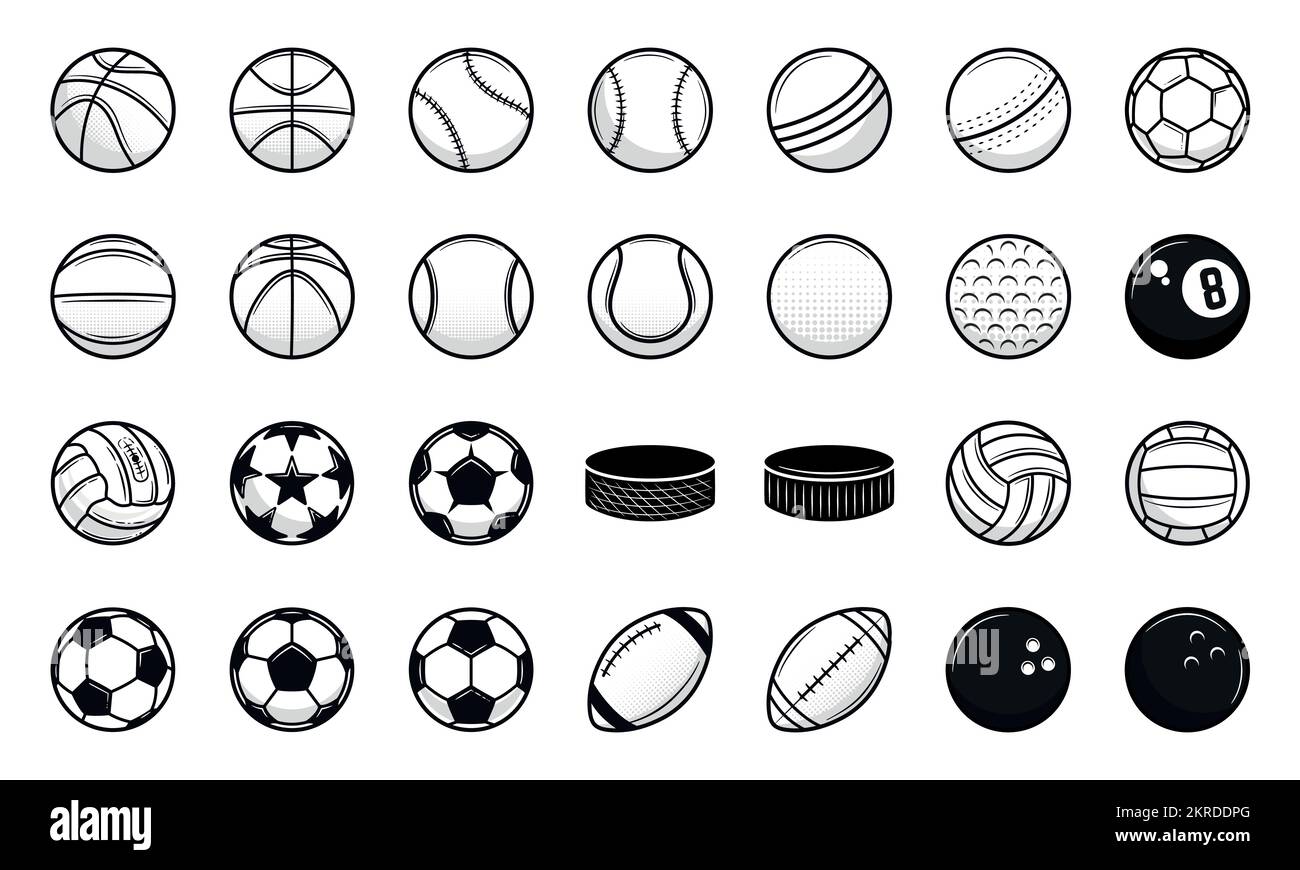 Set mit 28 Sport-Oldtimer-Bällen. Cricket, Baseball, American Football, Fußball, Volleyball, Golf, Basketball, Hockey. Stock Vektor