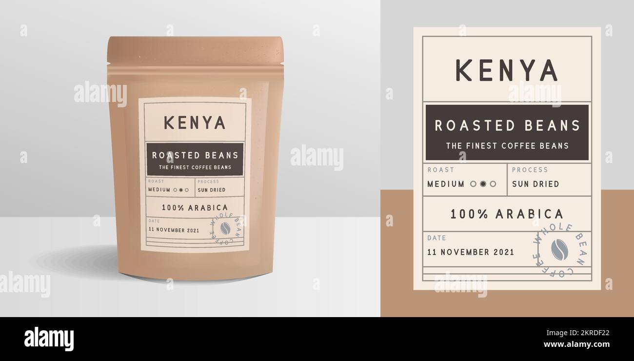 Papierpackung mit Reißverschluss, Beutelmodell. Trendiges Etikett im Vintage-Stil, Aufklebervorlage. Design der Kaffeepackung mit Reißverschluss. Vorlage für Paketmodell Stock Vektor