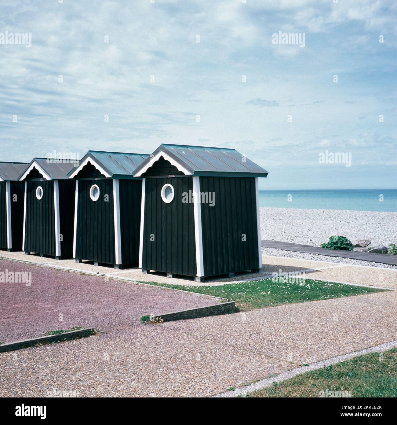 Strandkabinen, Cabines de Plage - Strandhütten - Quiberville-sur-Mer Stockfoto