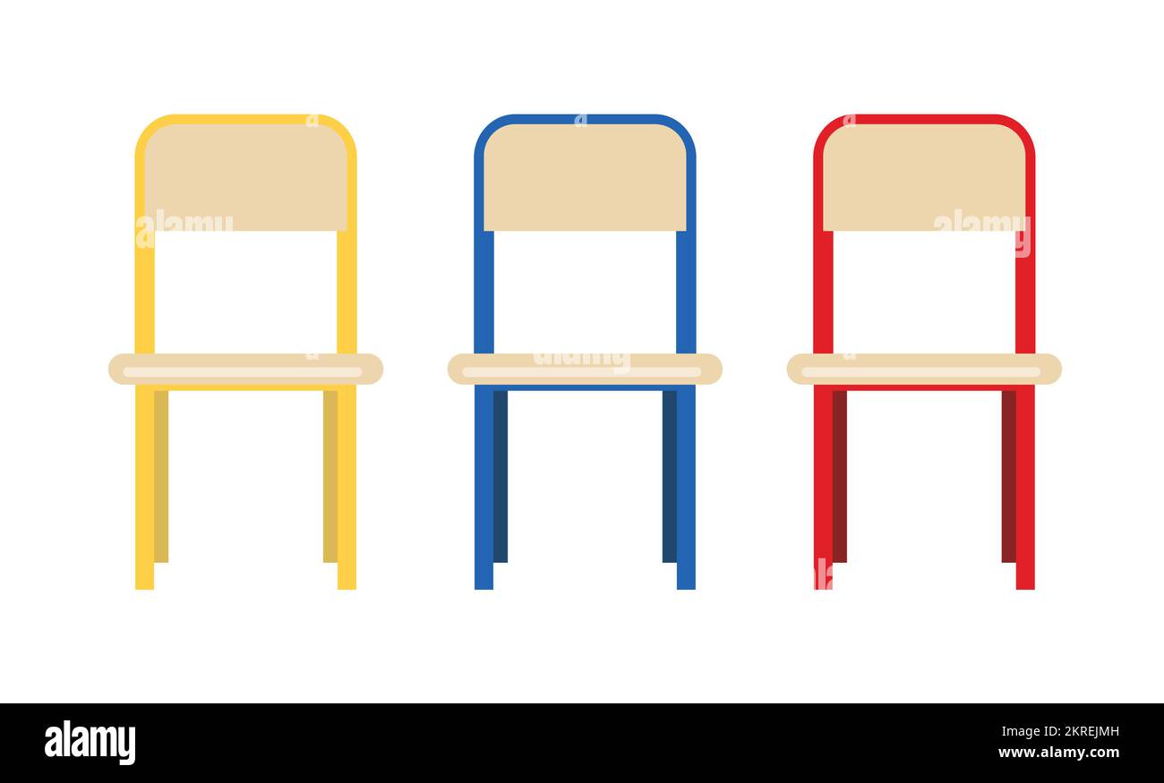 Schulstuhl Vektor-Clipart-Zeichnungsset. Design mit Holzstühlen im Seminarstil. Reihe von Stühlen. Stock Vektor