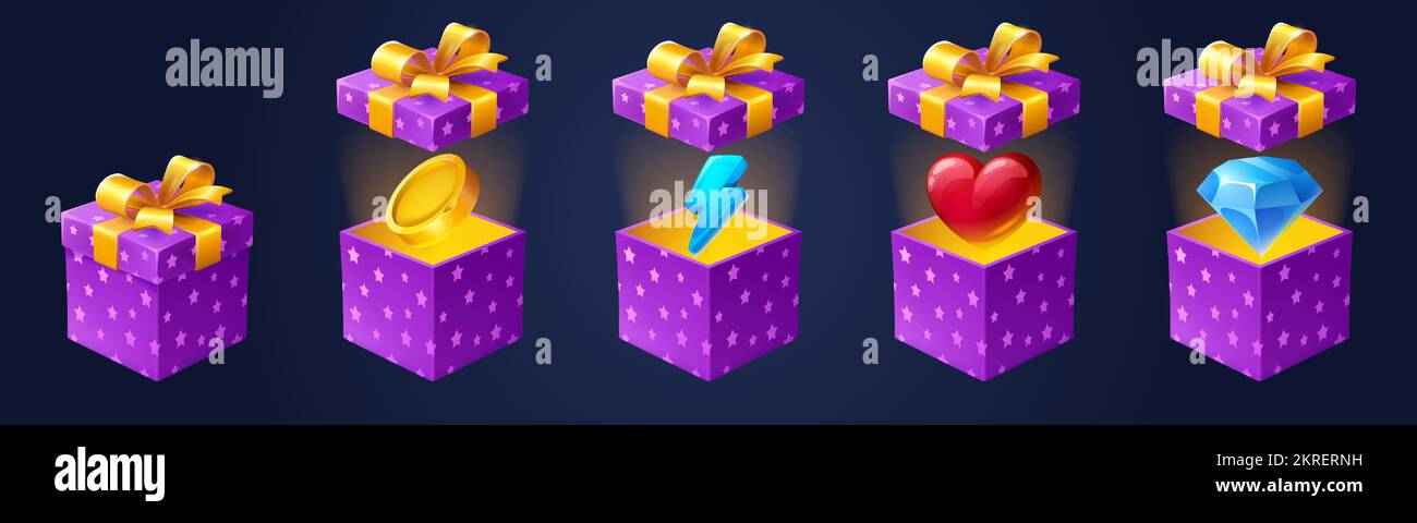 Geschenkboxen mit Bonus, Geldmünze, Diamant, Blitz, Herz und Geschenkpaket. 3D Objekte in Geschenkpapier mit Schleifen. Gamer belohnt isolierte gui-Elemente und Cartoon-Vektorsymbole Stock Vektor
