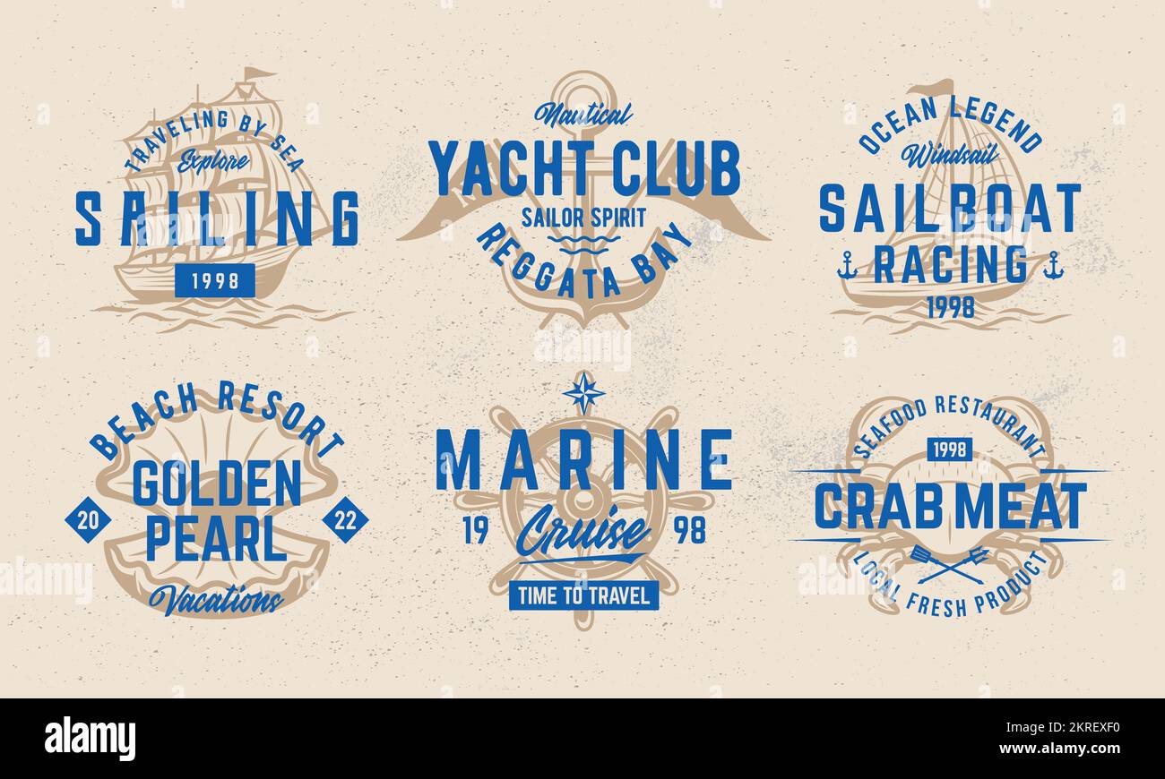 Nautischer Logo-Satz. Klassische Segelzeichen. Schiffsetiketten, Embleme, Logo. Vector-Logo-Vorlagen. Stock Vektor