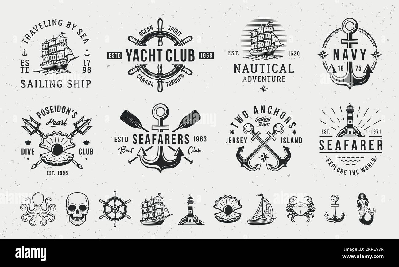 Klassische Hipster-Logovorlagen und 10 Designelemente für nautische Embleme. Vorlagen für nautische, See- und Marinezeichen. Stock Vektor