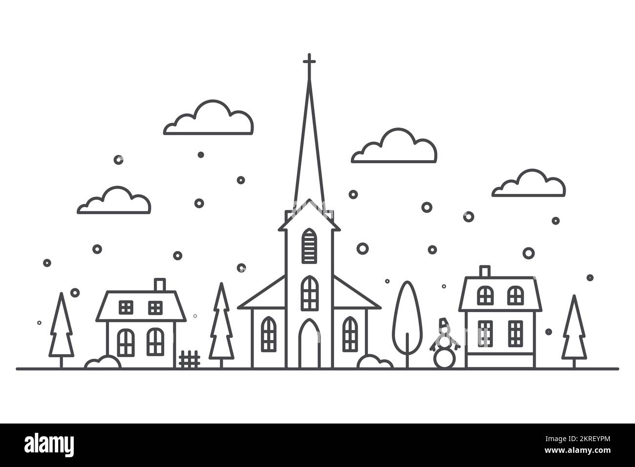 Vorstadtviertel Winterlandschaft. Silhouette von Häusern und Kirche auf der Skyline mit Schneeflocken. Landhaushäuser. Umrissvektor Stock Vektor