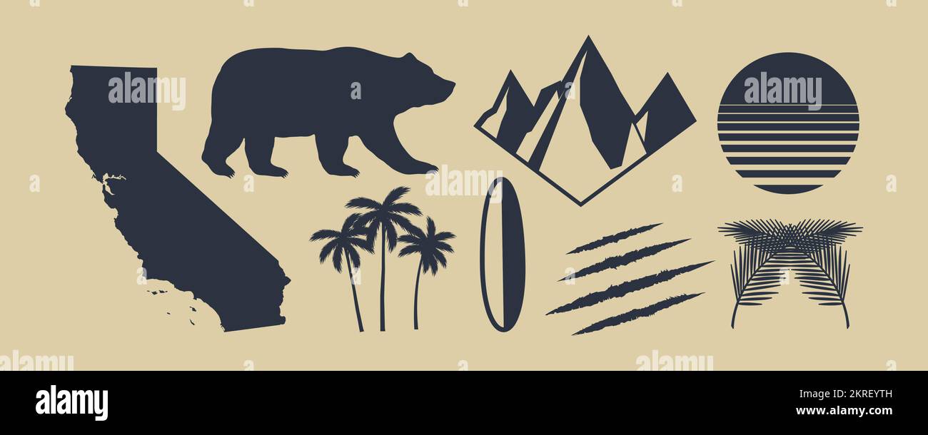 Satz mit 8 Symbolen von Kalifornien. Kalifornische Karte, Palmen, Berge. Bär und Kratzer. Kalifornische Retro-Sonne. Vintage-Elemente für Designlogo Stock Vektor