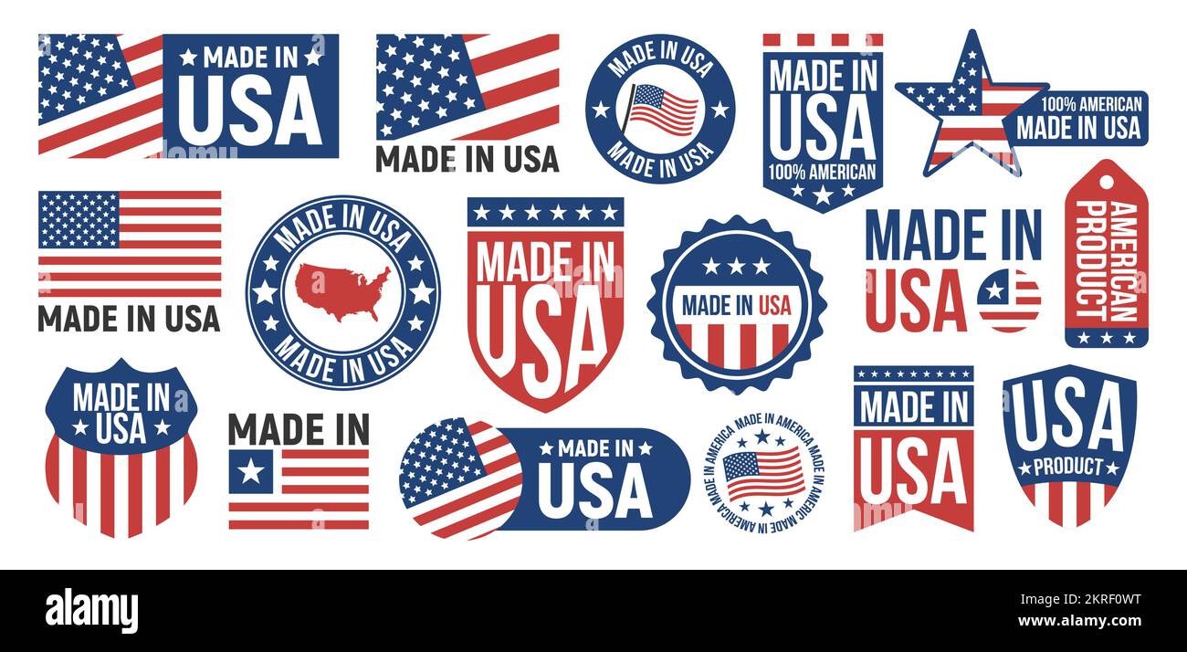 Großer Satz Etiketten, Schilder aus „Made in USA“. Patriotische Zeichen der USA. Amerikanische Bannervorlagen. Vektordarstellung. Stock Vektor