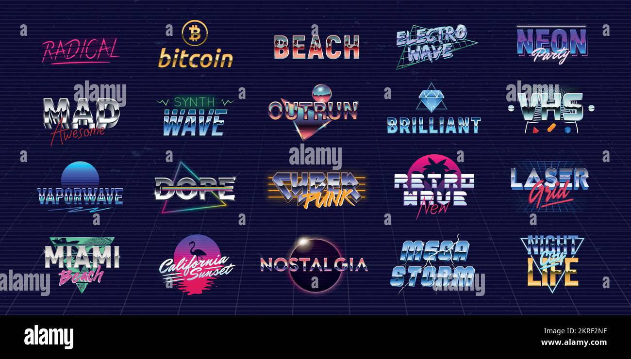 Vector-Set futuristischer Logos im Retro 80s-Stil. Vaporwave, Synthwave Logo-Set für Nachtklub, Casino, Musikalbum, Partyeinladungen. Stock Vektor