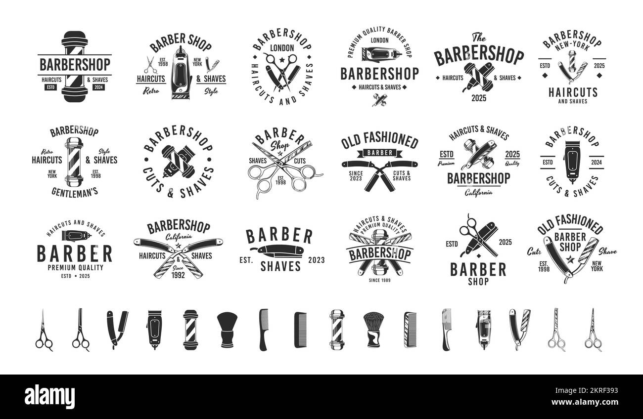 Friseur, Friseur, Friseursalon, klassische Hipster-Logovorlagen. 18 Logos und 16 Designelemente für Friseursalon und Friseursalon. Stock Vektor