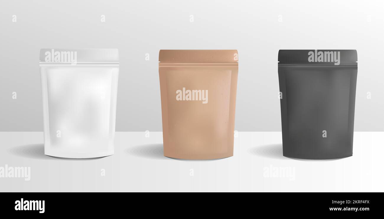 Vector-Zip-Papier-Paket-Set. Leere Beutel, Pappschachtel, Verpackungsmodell isoliert auf weißem Hintergrund. Design des Kaffeepakets. Vorlage für Reißverschlussbeutel für Lebensmittel Stock Vektor
