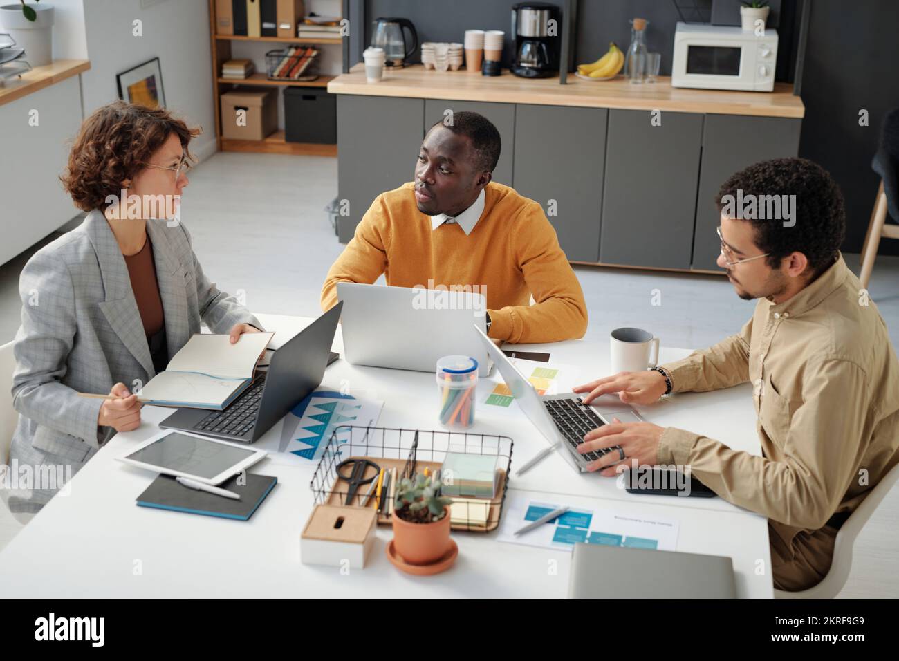 Große Ansicht einer Gruppe von Entwicklern, die bei einem Geschäftstreffen mit einem Computerprogramm im Team arbeiten Stockfoto