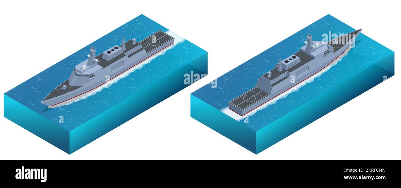 Isometrische Anti-U-Boot-Kriegsführung Corvette. Eine Corvette ist ein kleines Kriegsschiff. Es handelt sich traditionell um die kleinste als angemessen geltende Schiffsklasse Stock Vektor
