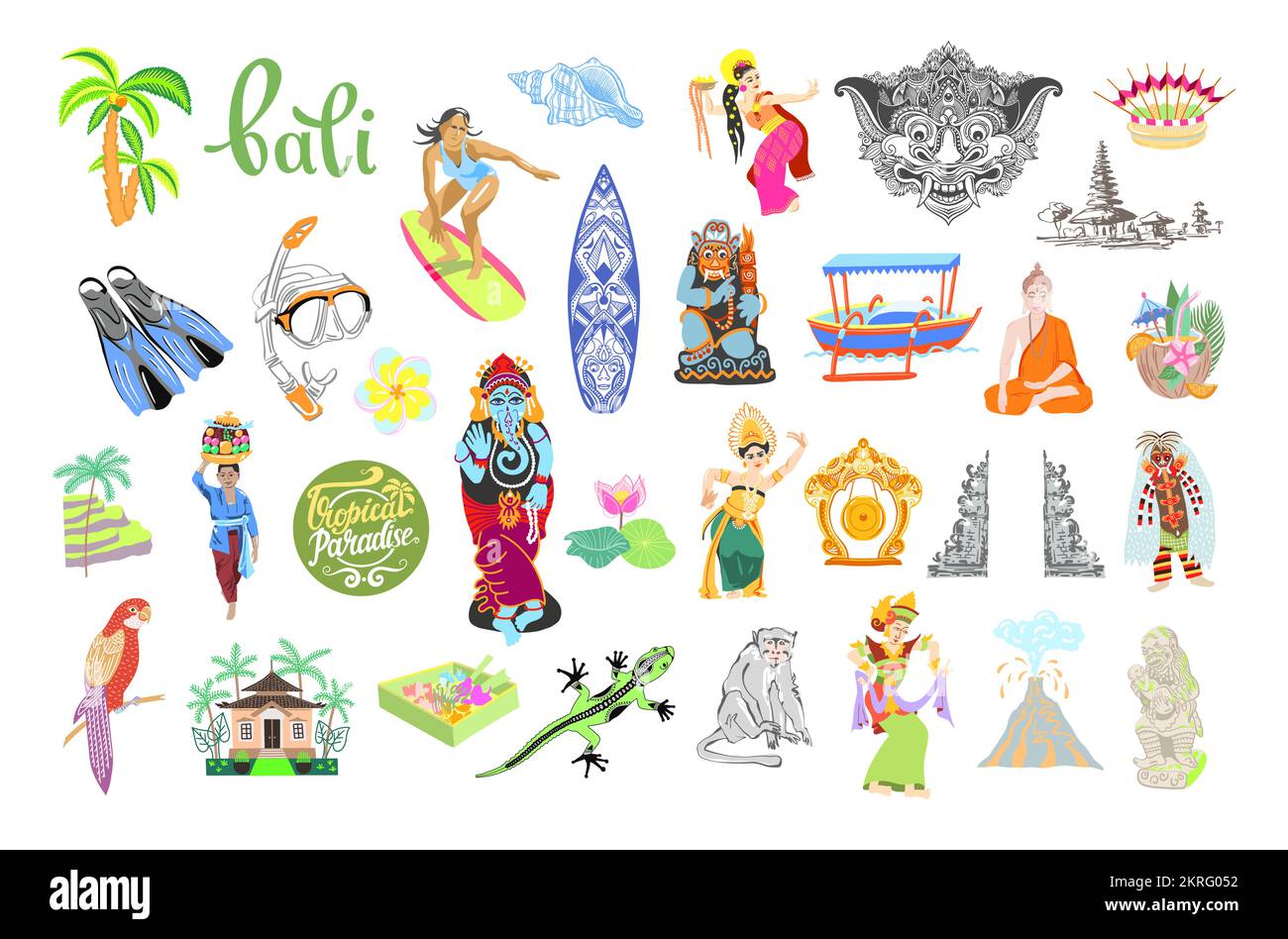 Satz traditioneller Symbole aus Bali Indonesia, balinesische Vektordarstellung im flachen Design Stock Vektor