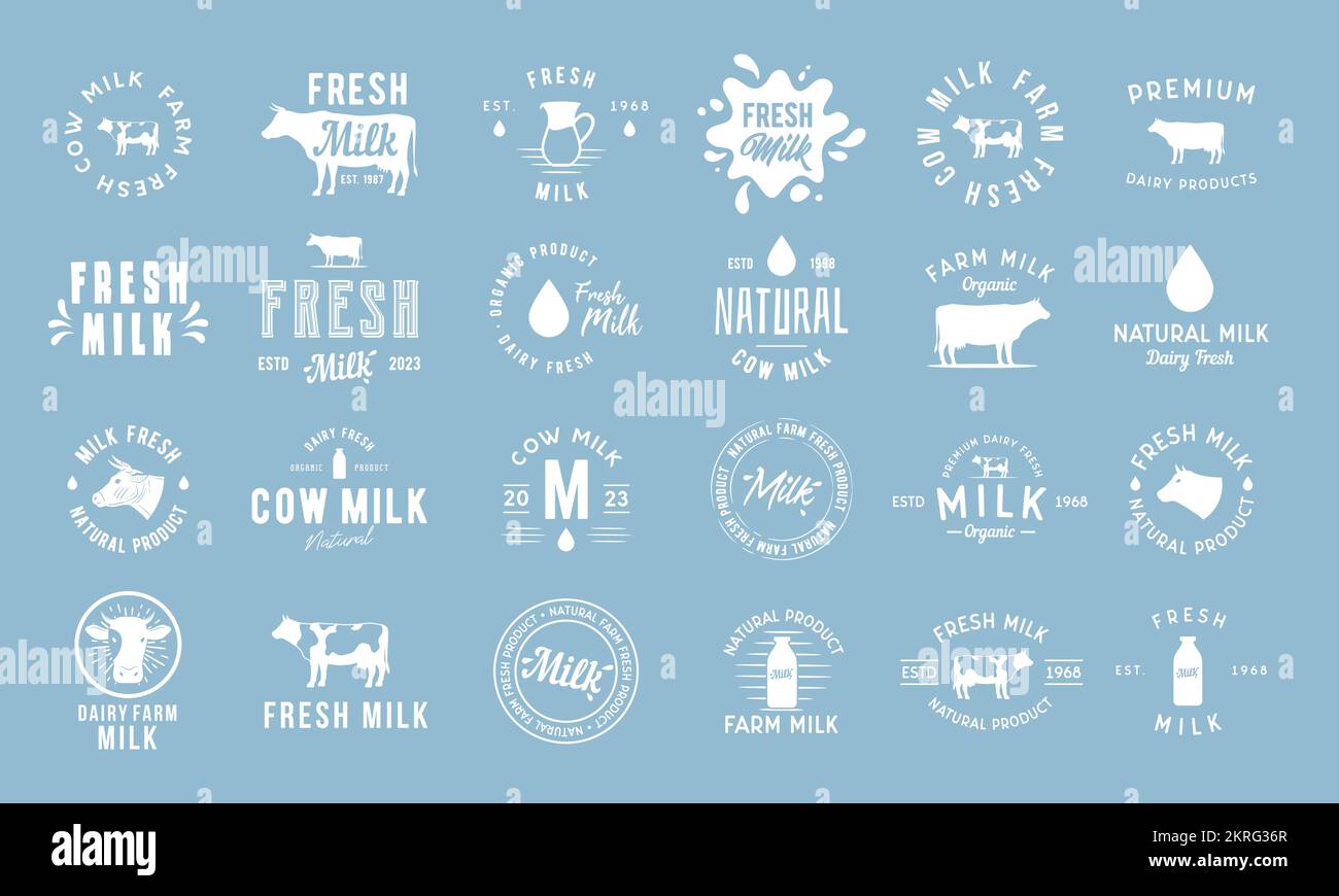 Etiketten, Embleme und Logos für Milch und Milcherzeugnisse. Set mit Milchlogo mit Kuhsilhouette, Flasche, Milchtropfen und Spritzer. Stock Vektor
