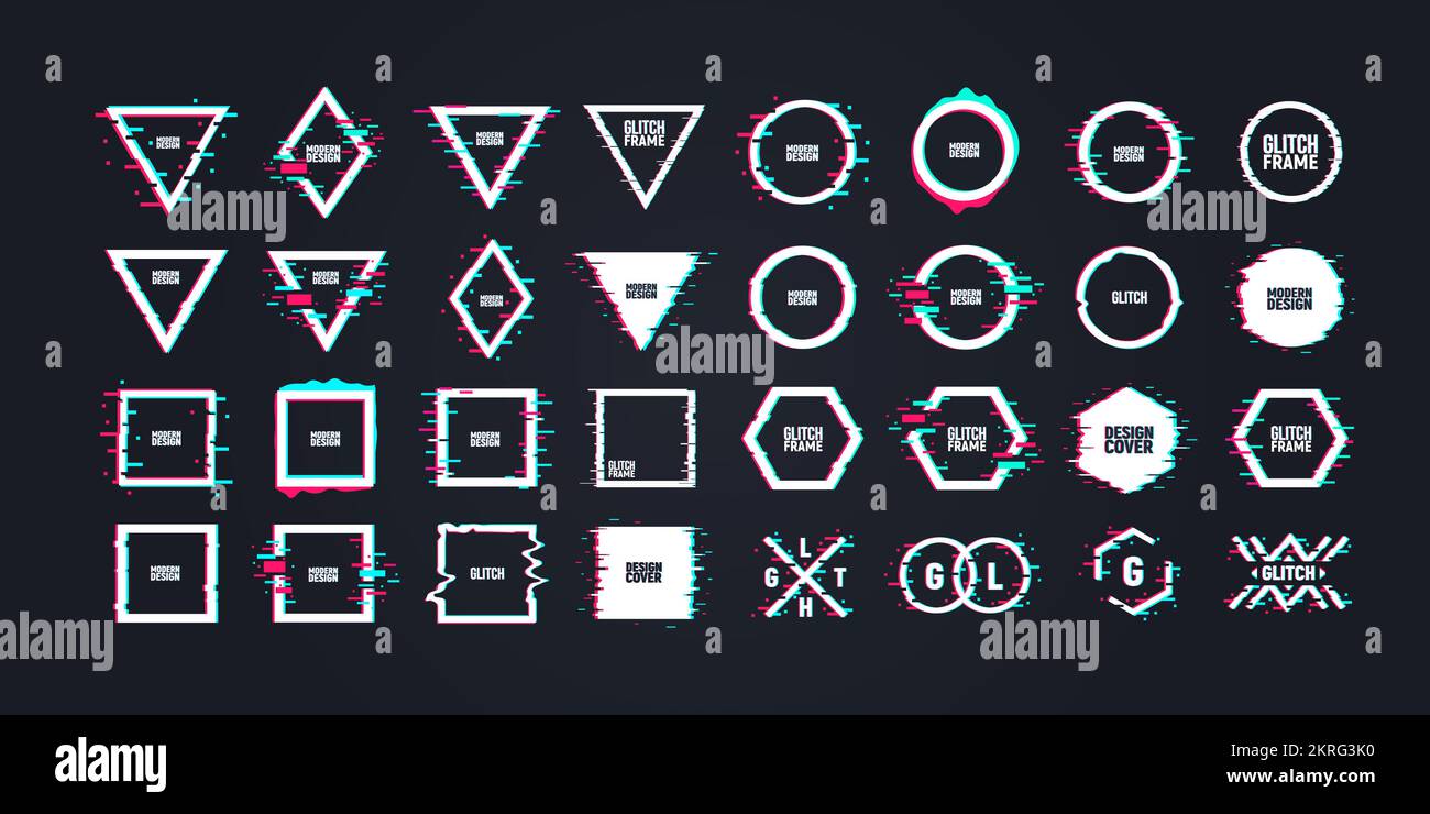 Geometrische Formen mit verzerrtem Glitch-Effekt. Grafische Designelemente mit verzerrtem Glitch-Effekt. Moderne abstrakte Hintergründe für Banner und Poster. Stock Vektor