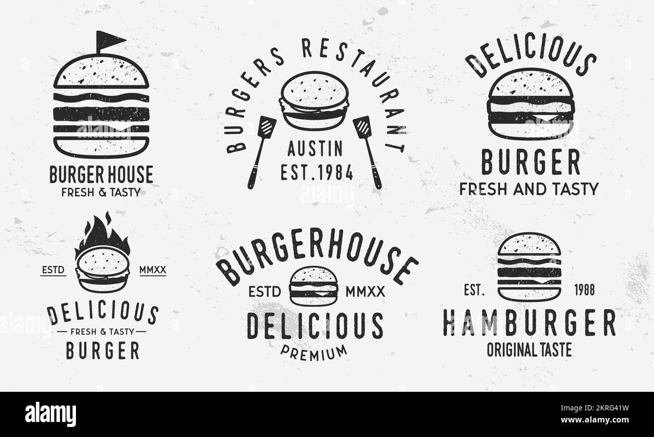 Vector Burger Logo-Set. Klassische Burger-, Sandwich- oder Hamburger-Etiketten, Abzeichen. Fast Food- und Restaurant-Logo-Vorlagen mit Grunge-Struktur. Stock Vektor