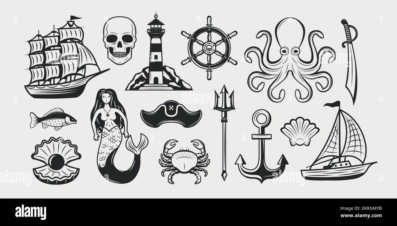 Nautische Elemente. Seeschiff, Segelboot, Leuchtturm, Meerjungfrau, Tintenfisch, Anker, Muschelperle, Poseidons Dreizack. Stock Vektor