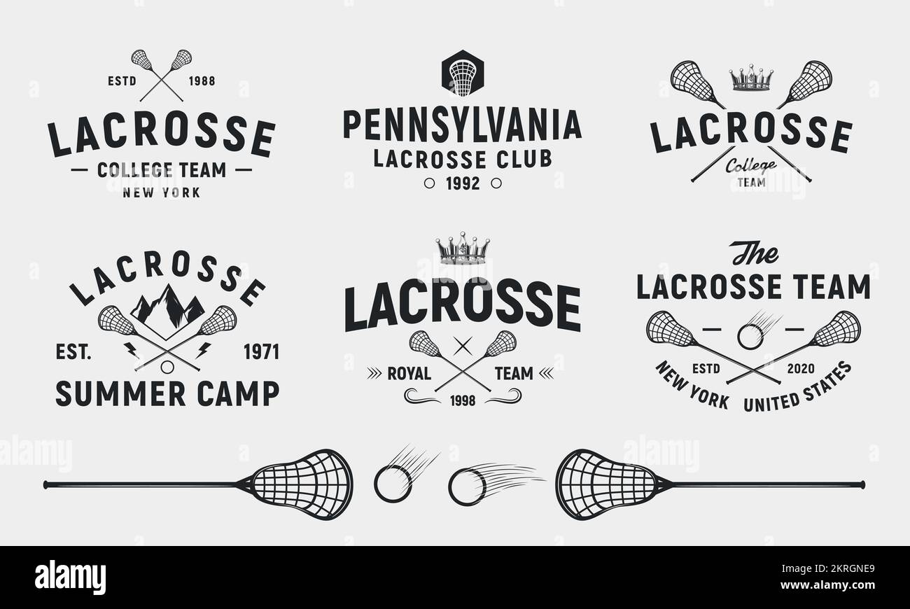 Set mit 6 Lacrosse Logos und 3 Designelementen. Lacrosse-Stab und -Ball isoliert auf weißem Hintergrund. Stock Vektor