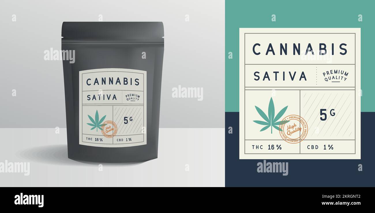 Cannabis-Reißverschlusspaket, Beutelmodell. Trendiges Etikett im Vintage-Stil, Aufklebervorlage. Marihuana-Etikett. Stock Vektor