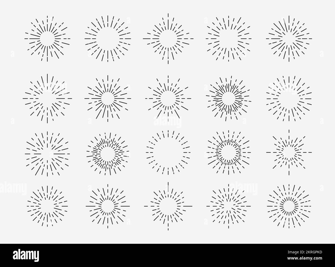 Ein klassisches Starburst-Set. 20 klassische Hipster-Lichtstrahlen. Sonnenaufgang, Feuerwerk isoliert auf weißem Hintergrund. Retro-Strichmarkierung für Logo, Label. Stock Vektor