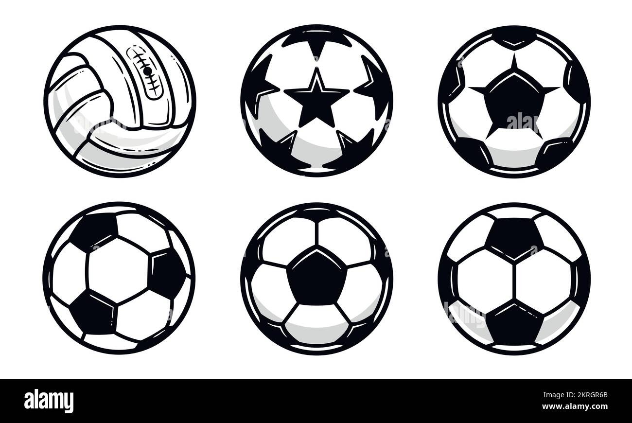 Vektor-Fußballsymbole isoliert auf weißem Hintergrund. Klassisches Fußball-Set. Designelemente für Logo, Poster, Emblem. Stock Vektor