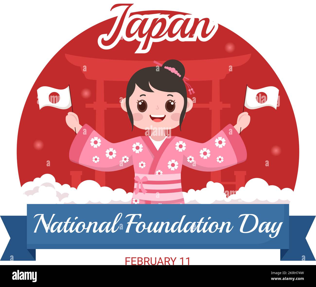 Happy Japan National Foundation Day am 11. Februar mit der Illustration berühmter japanischer Wahrzeichen und Flagge in flacher, handgezeichneter Cartoon-Schablone Stock Vektor