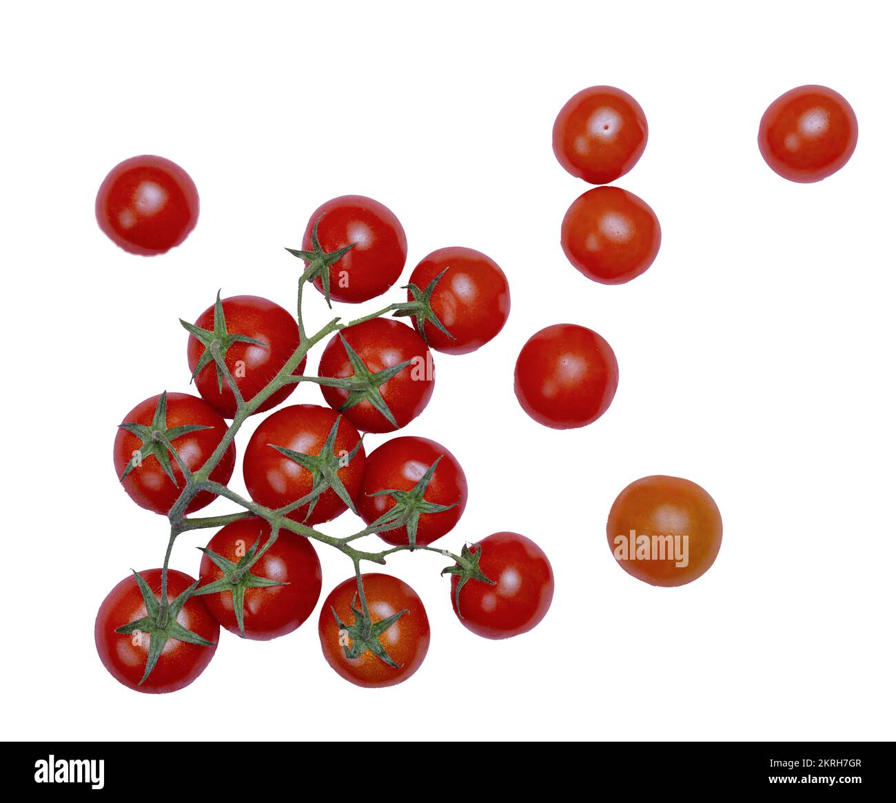 Zusammensetzung aus einigen kleinen Pachino-Tomaten auf einer transparenten Oberfläche Stockfoto